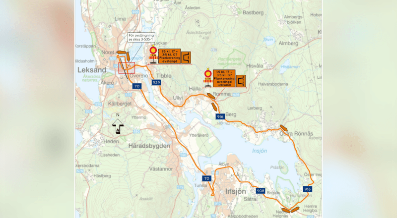 Karta som visar omledningsvägen med orangea pilar.