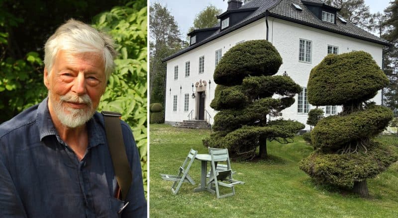 Delad bild med porträttbild på Adam Munthe och en exteriörbild på Hildasholm med träd i förgrunden.