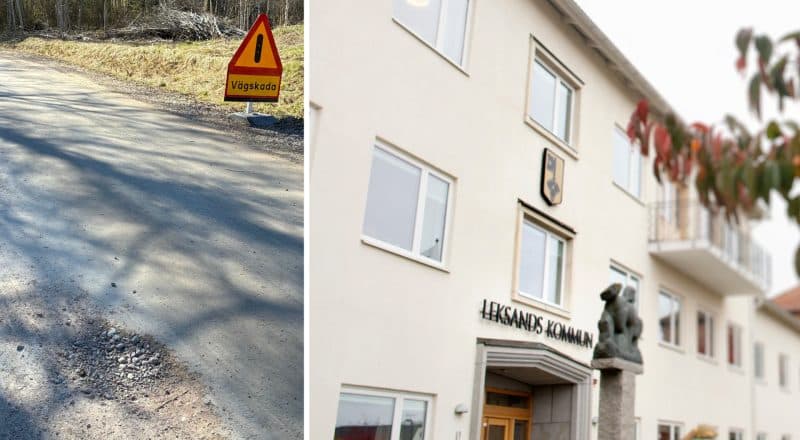 Till vänster en grop i en väg och en skylt som varnar för en vägskada. Till höger fasaden på Leksands kommunhus.