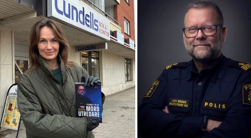 Till vänster en kvinna, Aja Lind, som håller upp en mörkblå bok, med Lundells bokhandel i Leksand i bakgrunden. Till höger en professionell porträttbild på Lars Bröms.