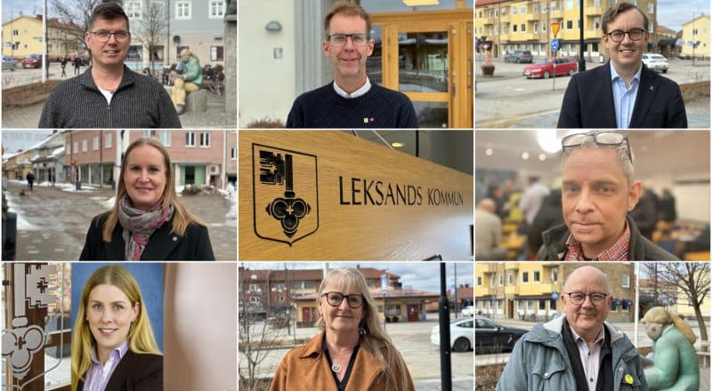 Kollage som visar åtta politiker och symbolen för Leksands kommun i mitten.