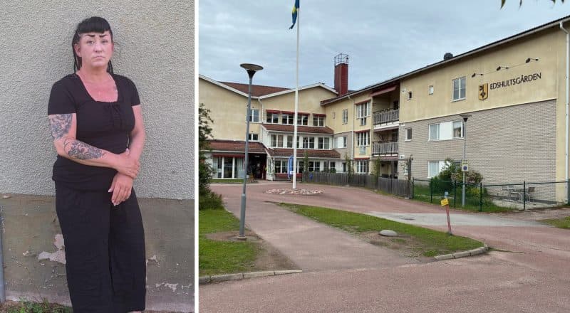 Till vänster kvinna med bekymrat ansiktsuttryck, till höger exteriörbild på äldreboendet.