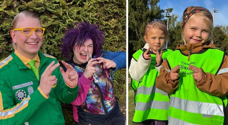 Delad bild. Till vänster en seriös karaktär i gröngul-jacka och en vild karaktär med lila hår. Till höger två barn i förskolans reflexvästar. Alla för fingrarna mot varandra som om de tecknade "elektricitet"