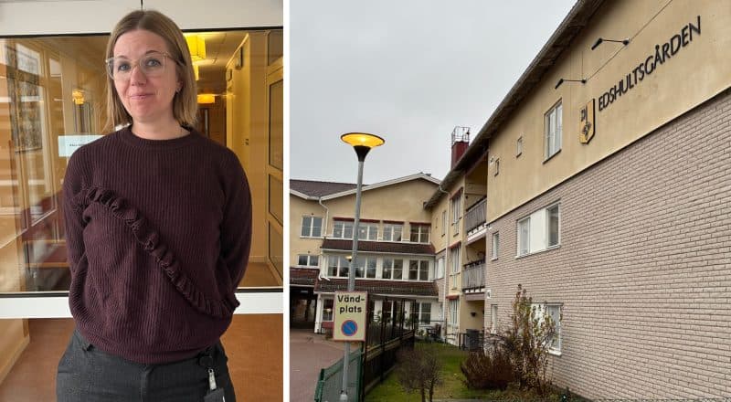 Delad bild med kvinna som står uppställd i en korridor, och en fasadbild från Edshultsgården till höger.